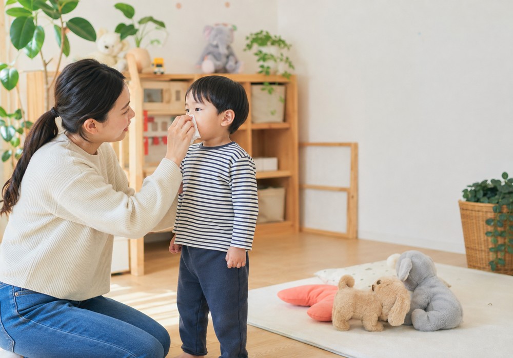 놀이방에서 서 있는 아이의 코를 휴지로 닦아주는 엄마