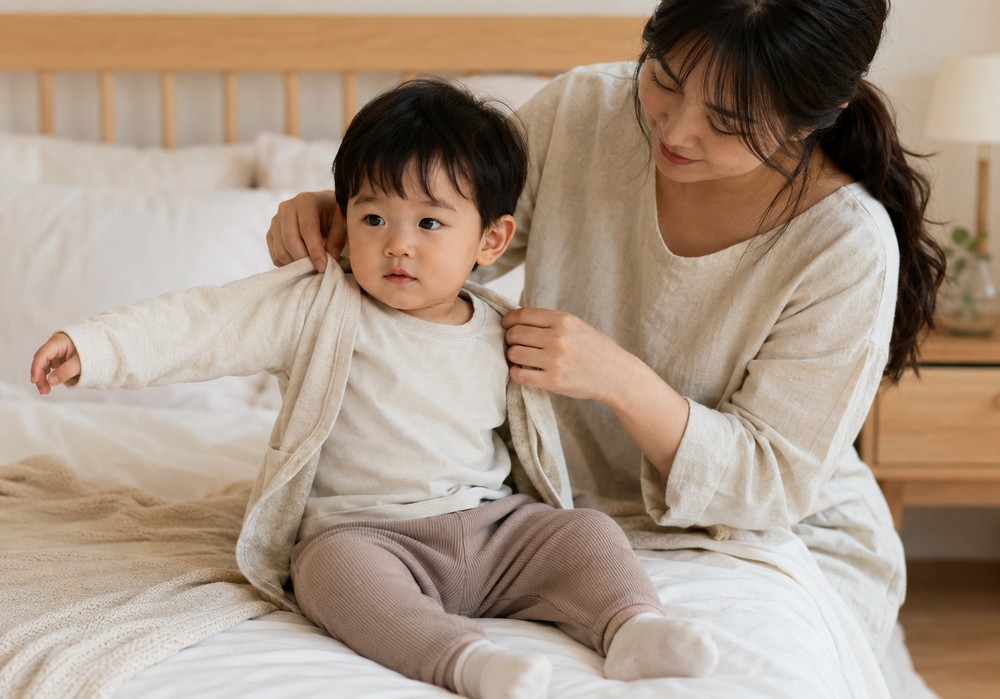 침대에서 아이에게 부드러운 면 옷을 입혀주는 엄마