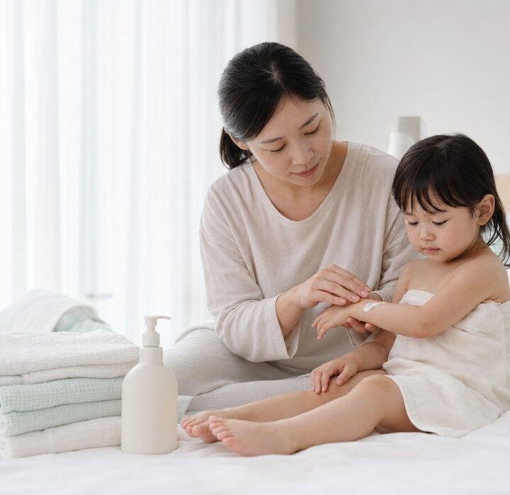 목욕 후 침대에서 아이 팔에 로션을 발라주는 엄마
