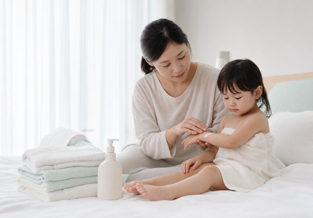 목욕 후 침대에서 아이 팔에 로션을 발라주는 엄마