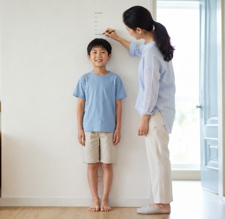 평촌 남아 성조숙증 – 엄마가 벽에서 남자아이의 키를 재고 표시하는 장면