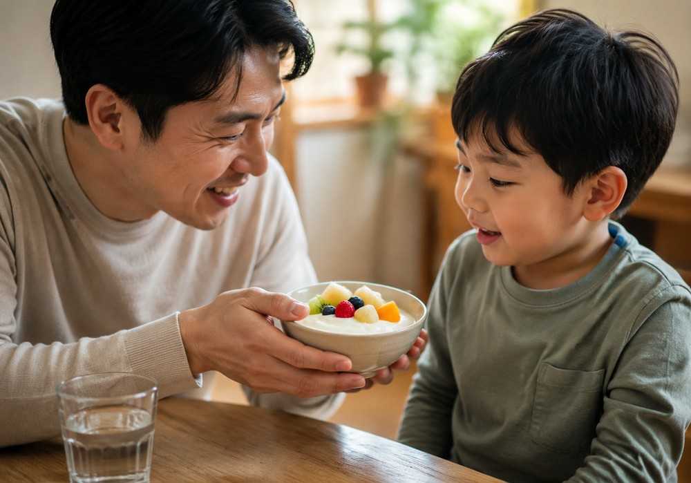 과일 올린 요거트 그릇을 아이에게 건네는 아빠