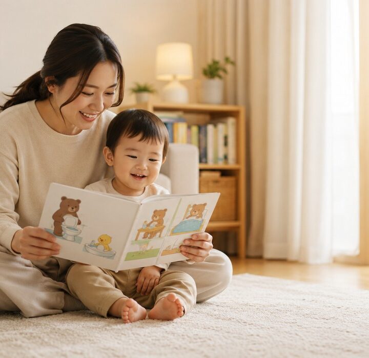 평촌 변보기 무서워하는 아이, 거실 바닥에 앉아 배변 그림책을 함께 보는 엄마와 아기