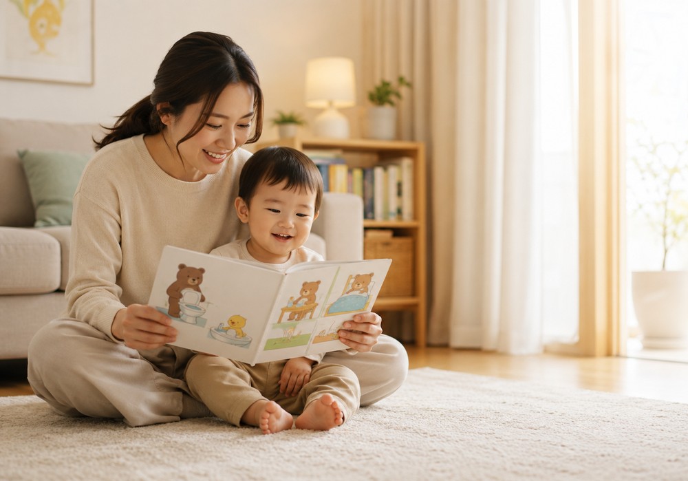 평촌 변비 — 거실 바닥에 앉아 배변 그림책을 함께 보는 엄마와 아이