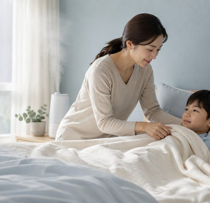 평촌 어린이폐렴 – 침대에 누운 아이 이불 덮어주는 엄마