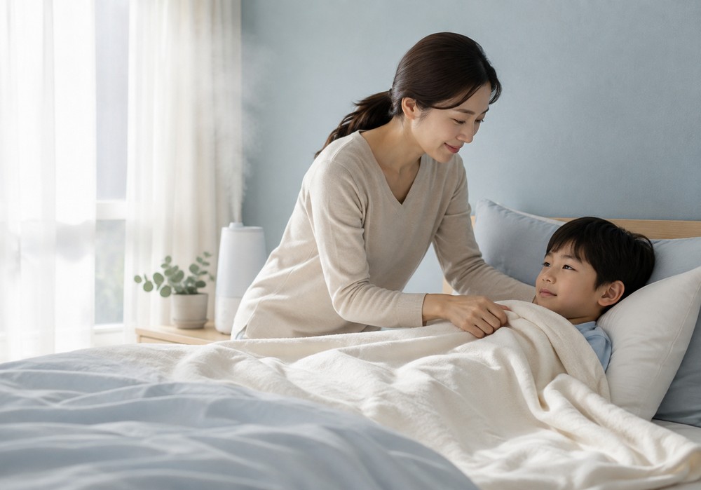 평촌 어린이폐렴 – 침대에 누운 아이 이불 덮어주는 엄마