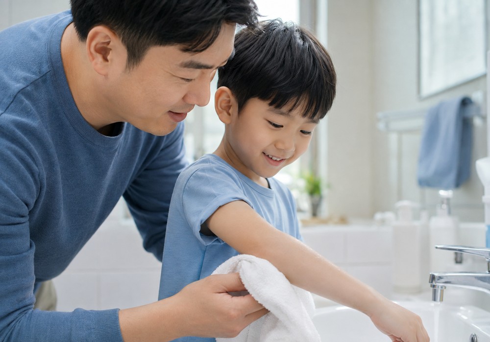 평촌 소아물사마귀 관리를 위해 아이 피부를 청결하고 보송하게 관리하는 모습