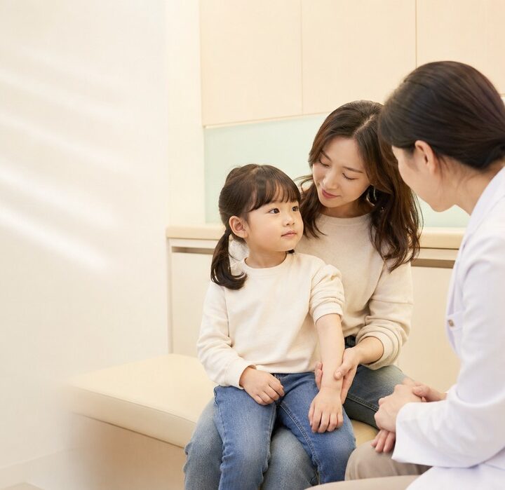 평촌 소아물사마귀 – 진료실에서 아이 팔을 살펴보는 의료진과 동석한 엄마