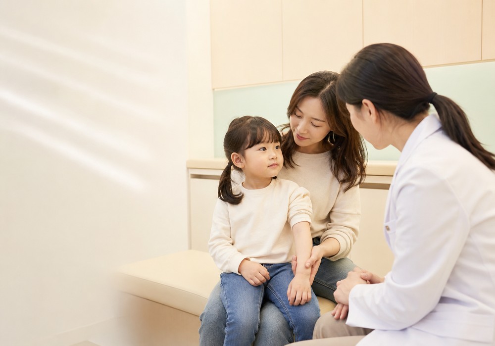 평촌 소아물사마귀 — 아이 피부에 생긴 좁쌀 같은 물집을 살펴보는 모습