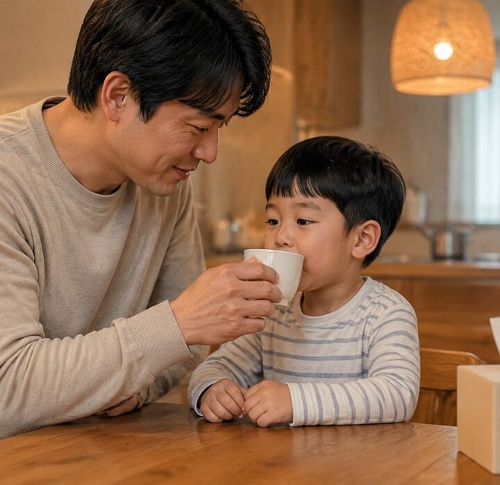 평촌 알레르기비염 – 아빠가 남자아이에게 따뜻한 물을 마시게 도와주는 장면