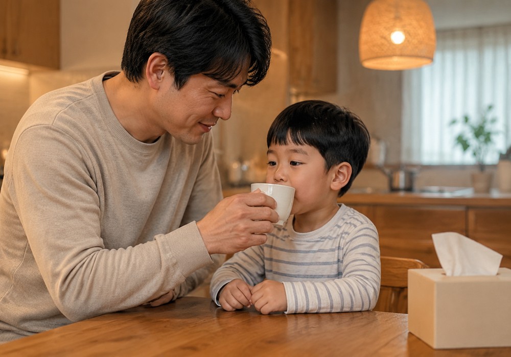평촌 소아 알레르기비염 — 환절기에 코를 훌쩍이는 아이와 곁에서 살피는 엄마
