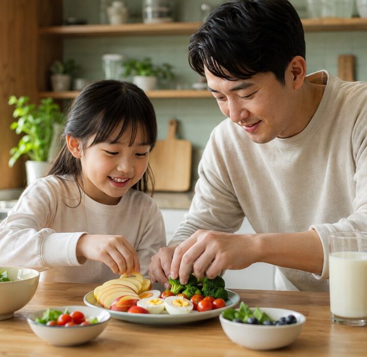 평촌 어린이성장 – 주방에서 아빠와 건강한 음식 접시를 만드는 아이