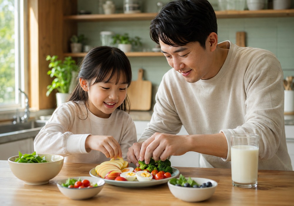 평촌 어린이성장 – 주방에서 아빠와 건강한 음식 접시를 만드는 아이