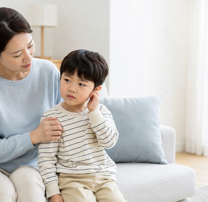 평촌 유아중이염 – 아이가 귀를 만지고 엄마가 곁에서 살피는 모습