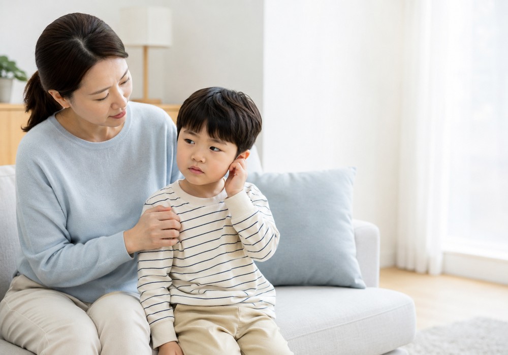 평촌 유아중이염 — 환절기에 귀를 만지며 보채는 아이를 살피는 장면