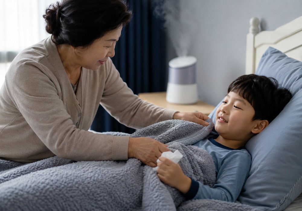 따뜻한 수건을 대고 편안히 쉬는 아이