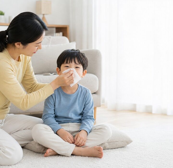 평촌 부비동염두통 – 엄마가 아이의 코를 휴지로 닦아주는 모습