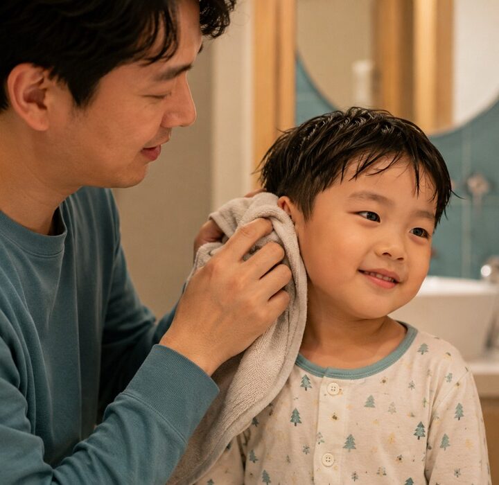 평촌 중이염 반복 아이 – 욕실에서 아이의 귀를 수건으로 닦아주는 아빠