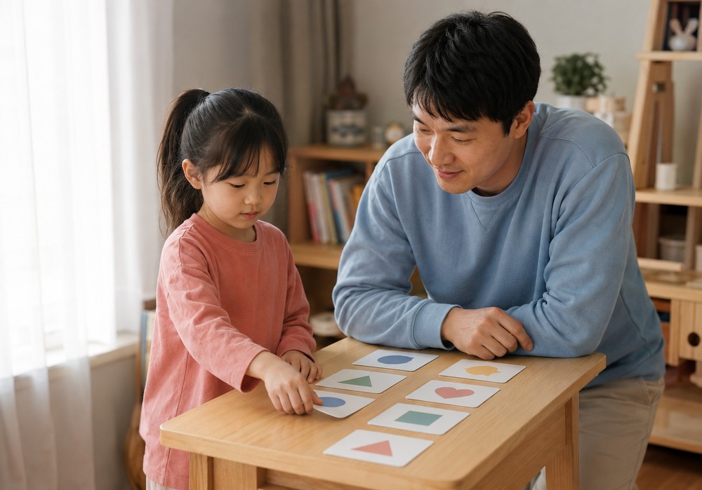 평촌 가만히 못 있는 아이 – 도형 카드를 짚으며 집중하는 여자아이와 아빠