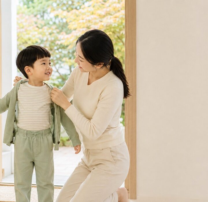 현관에서 아이보리 상의 엄마가 무릎을 굽혀 남자아이에게 연두색 카디건을 입혀주는 모습