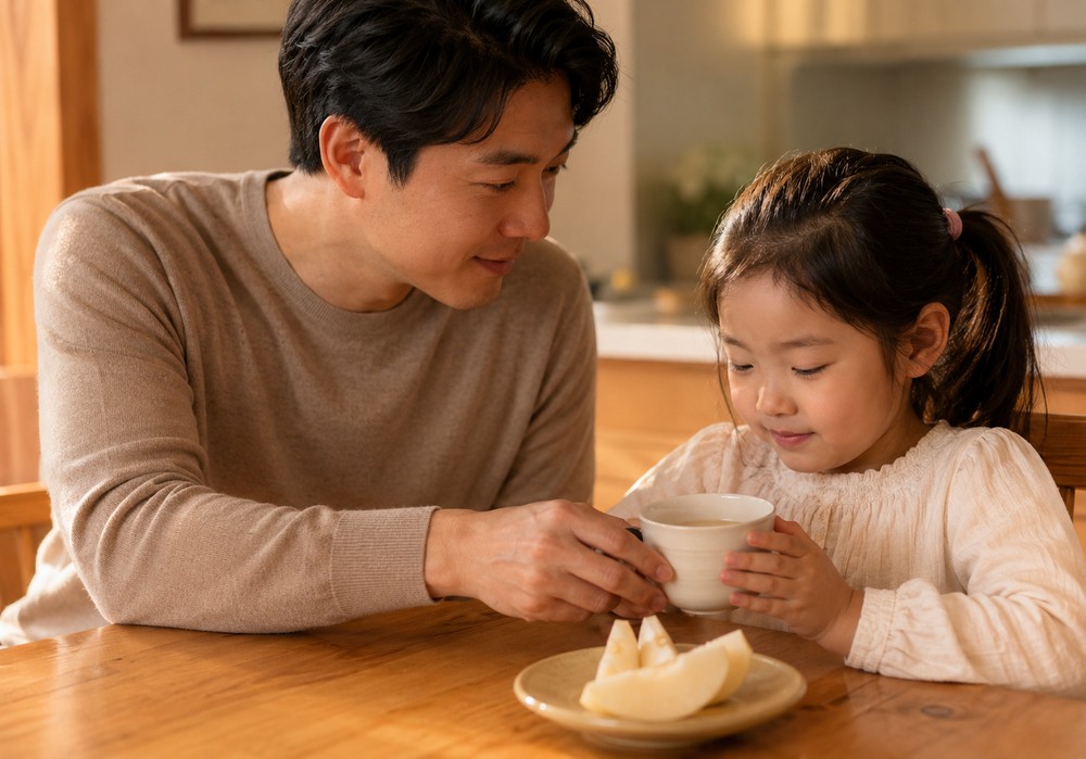 베이지 니트를 입은 아빠가 여아가 두 손으로 잡은 찻잔을 함께 받쳐주는 모습