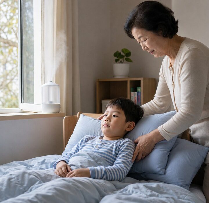 베이지 가디건을 입은 할머니가 침대에 기대 누운 줄무늬 잠옷 남아의 베개를 받쳐주는 모습