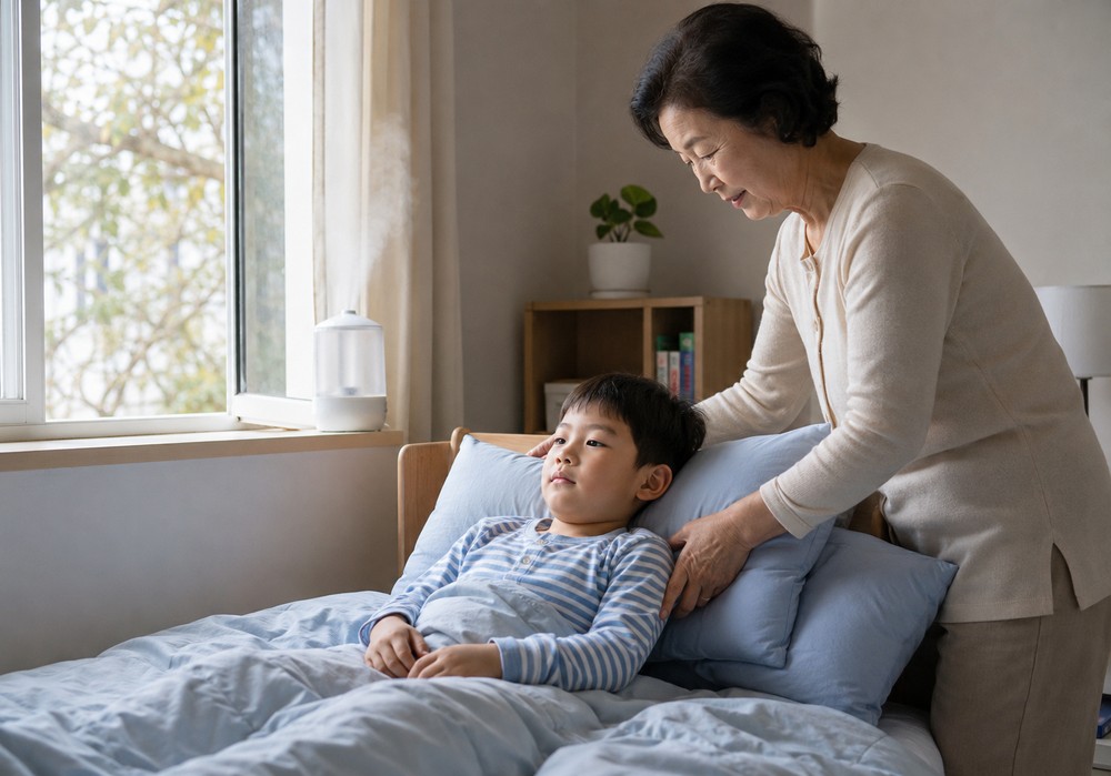 베이지 가디건을 입은 할머니가 침대에 기대 누운 줄무늬 잠옷 남아의 베개를 받쳐주는 모습