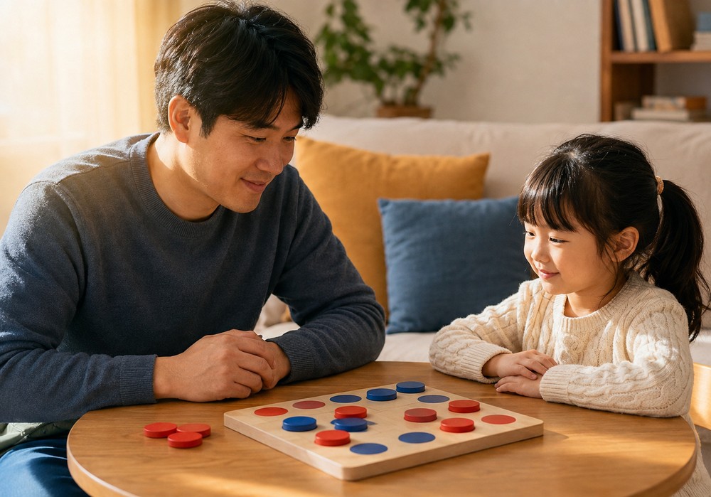 남색 스웨터를 입은 아빠와 여아가 빨강·파랑 원목 칩 보드게임을 사이에 두고 마주 앉은 모습