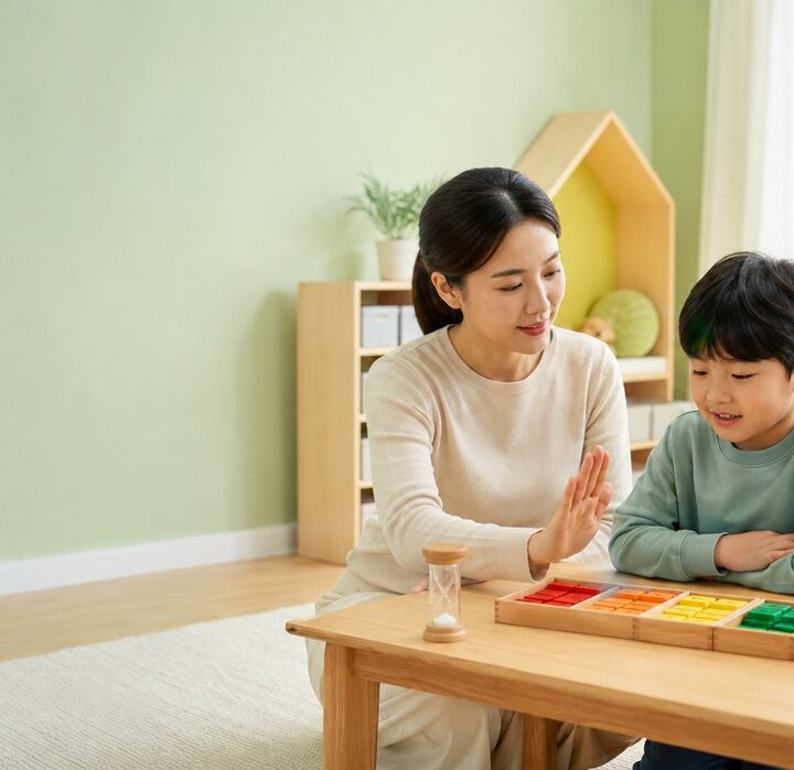베이지 니트를 입은 엄마가 남아와 마주 앉아 손을 들어 신호를 보내며 색블록 교구 놀이를 하는 모습