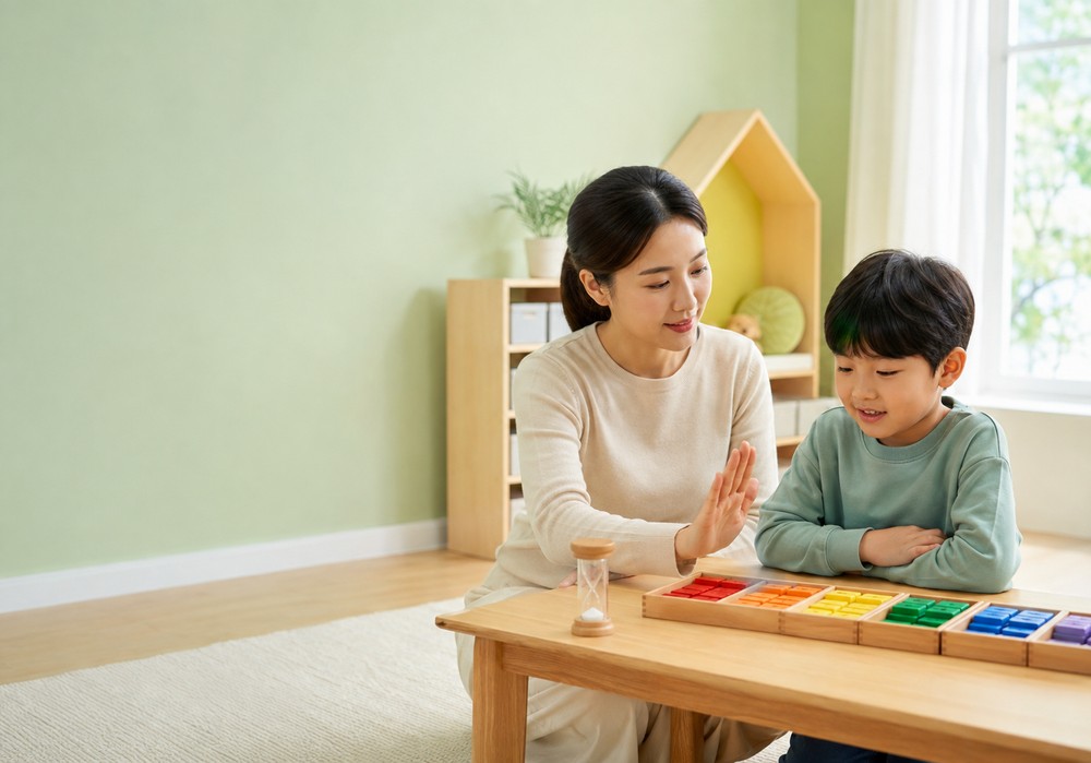 베이지 니트를 입은 엄마가 남아와 마주 앉아 손을 들어 신호를 보내며 색블록 교구 놀이를 하는 모습