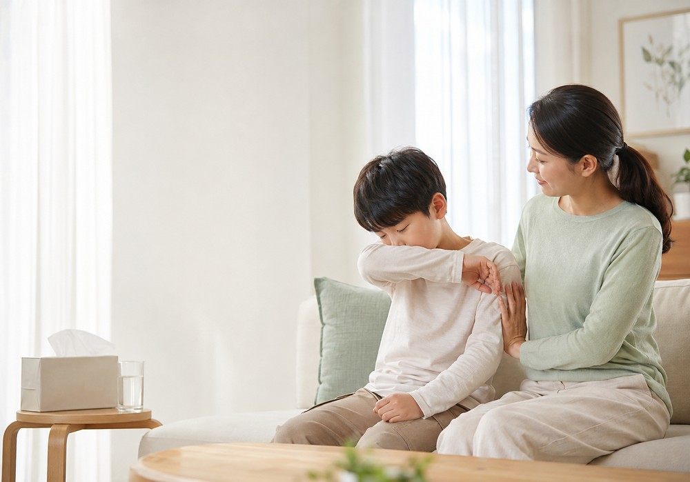 연두 스웨터를 입은 엄마가 소파에서 팔로 입을 가리고 기침하는 남아의 등을 쓸어주는 모습