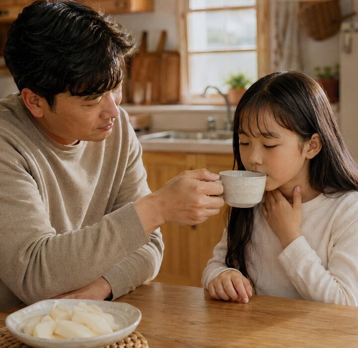 평촌 컹컹 기침하는 아이 – 부엌에서 목을 감싼 아이에게 따뜻한 찻잔을 건네는 아빠