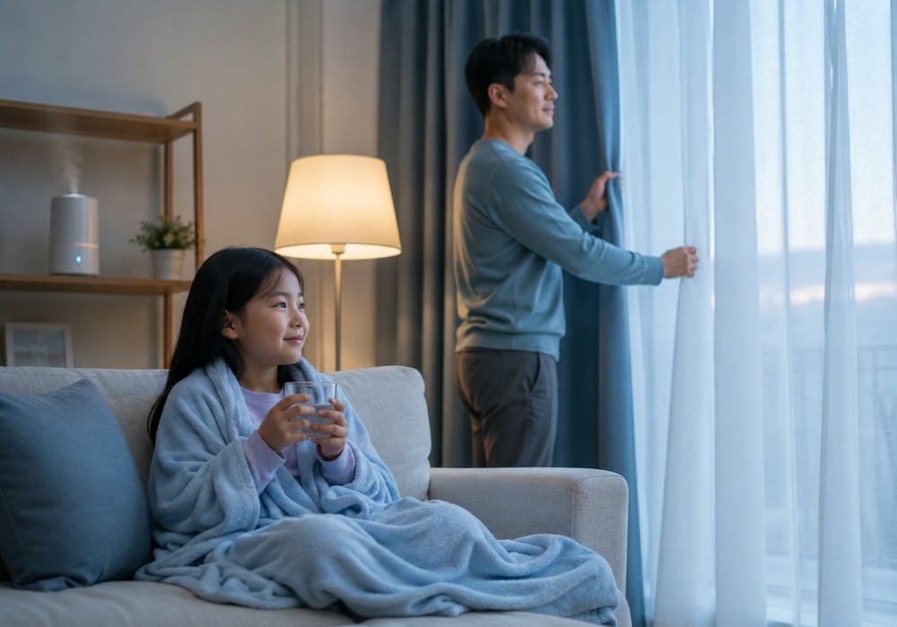 평촌 기침형천식 생활관리 — 적정 습도와 청결한 잠자리로 기도를 돕는 모습