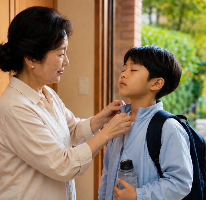 현관에서 할머니가 하늘색 점퍼를 입은 남자아이의 옷깃을 여며주고 아이가 물병과 가방을 든 모습