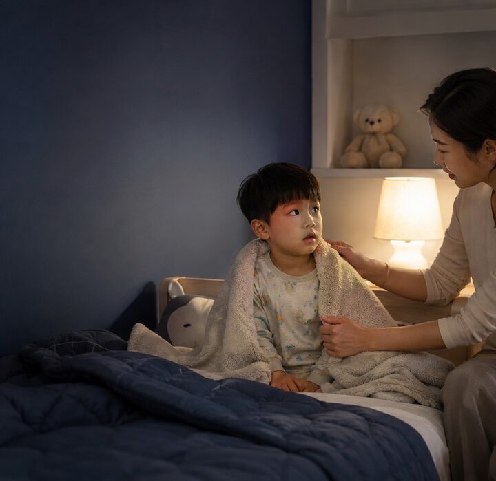 어두운 침실에서 잠에서 깬 남자아이를 엄마가 이불로 감싸며 달래는 모습