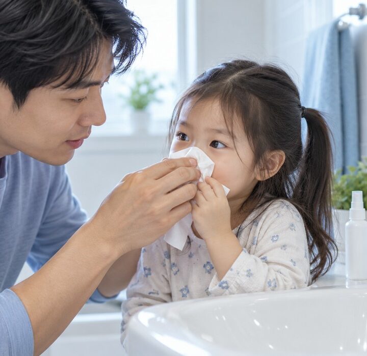 평촌 후비루 – 욕실 세면대 앞에서 아빠가 휴지로 여자아이의 코를 닦아주는 장면