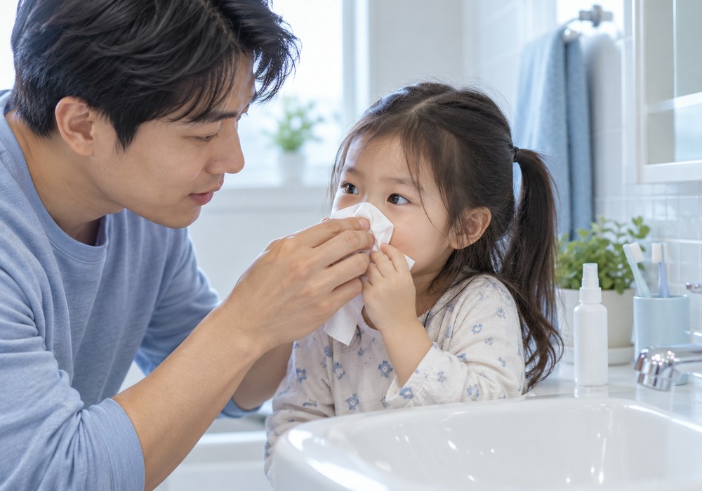 평촌 목뒤로넘어가는콧물 — 자면서 킁킁대고 캑캑거리는 아이를 살피는 부모의 모습