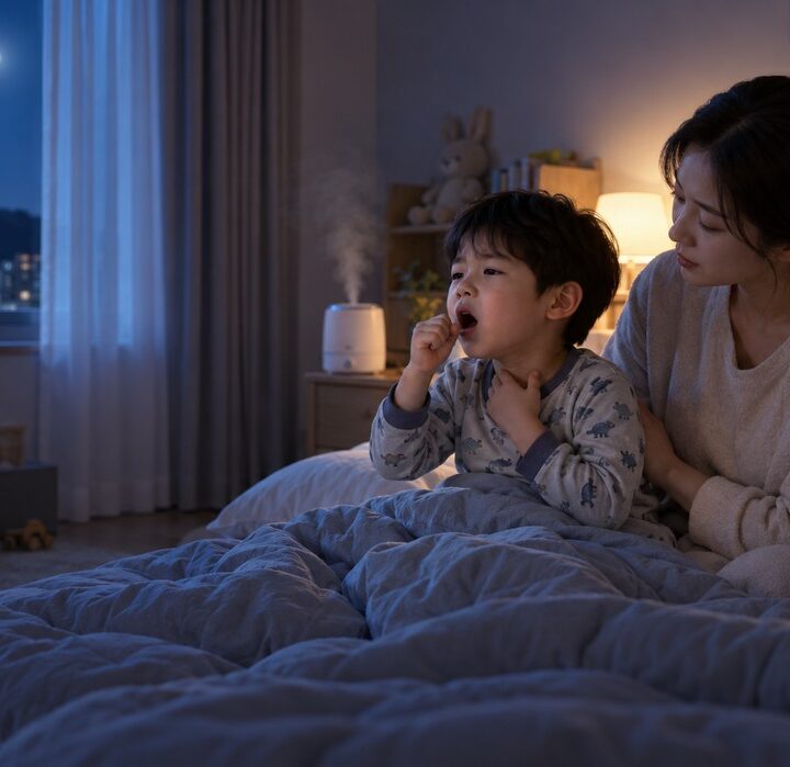 공룡무늬 잠옷 남자아이가 손으로 입과 목을 감싸고 엄마가 등을 받쳐 안아주는 밤 침실
