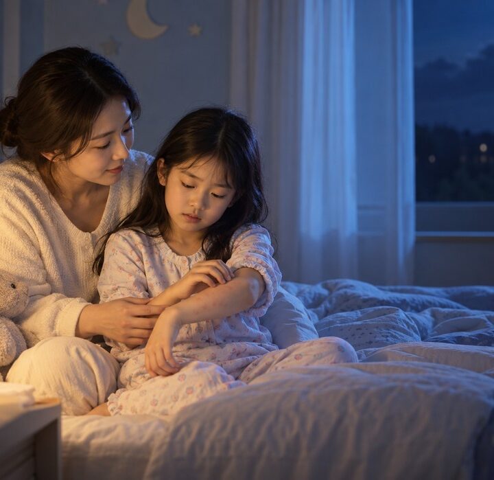 달빛 드는 밤 침대에서 흰 잠옷 엄마가 꽃무늬 잠옷 여자아이의 팔을 함께 살펴보는 모습