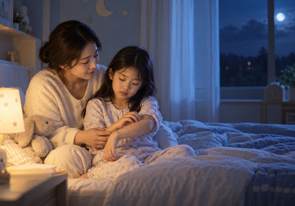 평촌 밤에심한두드러기 — 잠자리에서 팔을 긁는 아이를 살피는 모습