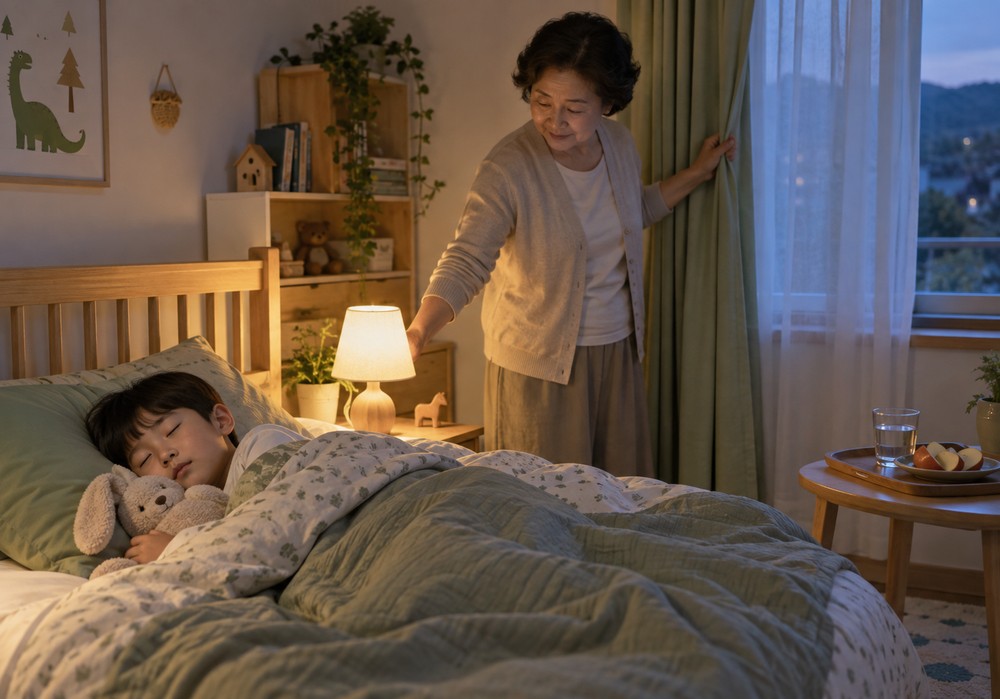 밤 침실에서 남자아이가 곰인형을 안고 잠들어 있고, 베이지 가디건을 입은 할머니가 커튼을 정리하는 모습