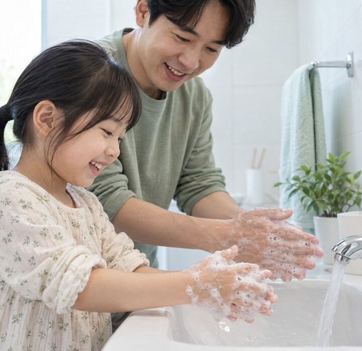 밝은 욕실 세면대에서 초록 상의를 입은 아빠와 꽃무늬 원피스 여자아이가 거품을 내며 함께 손을 씻는 모습