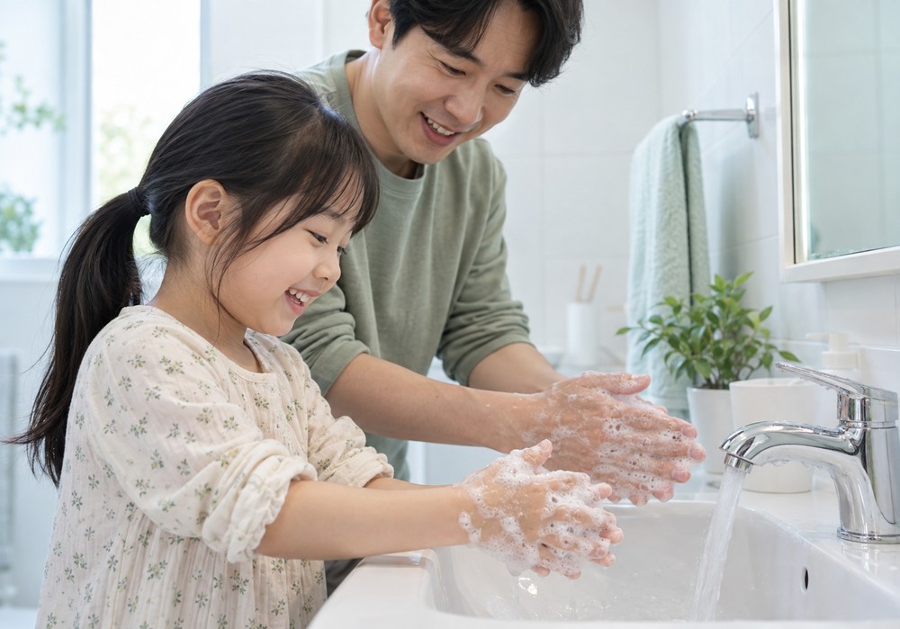 밝은 욕실 세면대에서 초록 상의를 입은 아빠와 꽃무늬 원피스 여자아이가 거품을 내며 함께 손을 씻는 모습