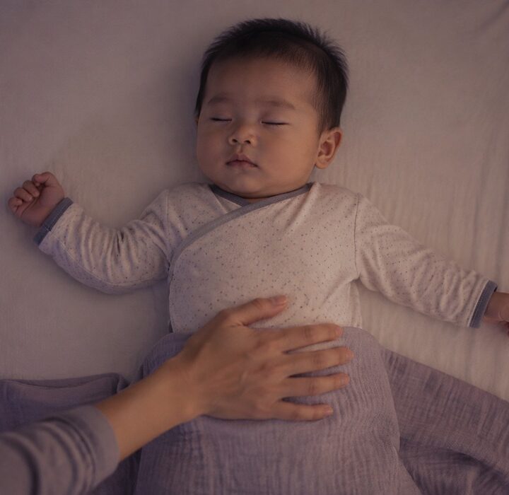 평촌 아기 보약 – 은은한 밤 조명 아래 아기 침대에서 편안히 잠든 아기의 배 위에 보호자가 손을 살며시 올린