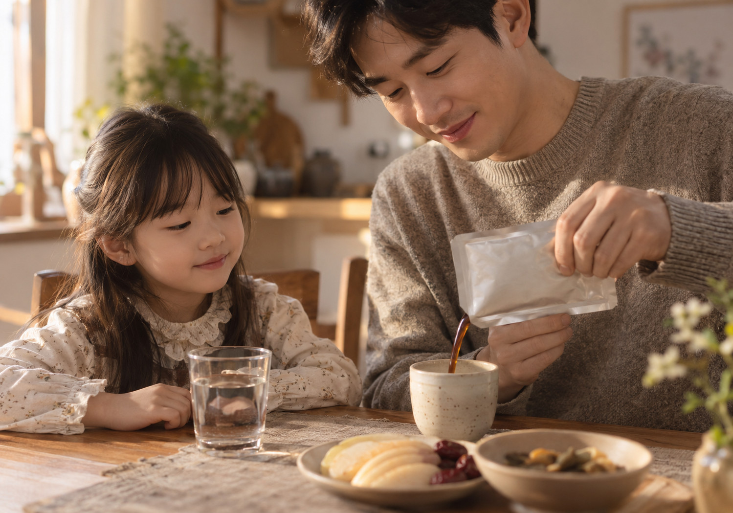 평촌 호흡기가 약한 아이 한약 – 아이와 보호자가 함께 음료를 준비하는 모습