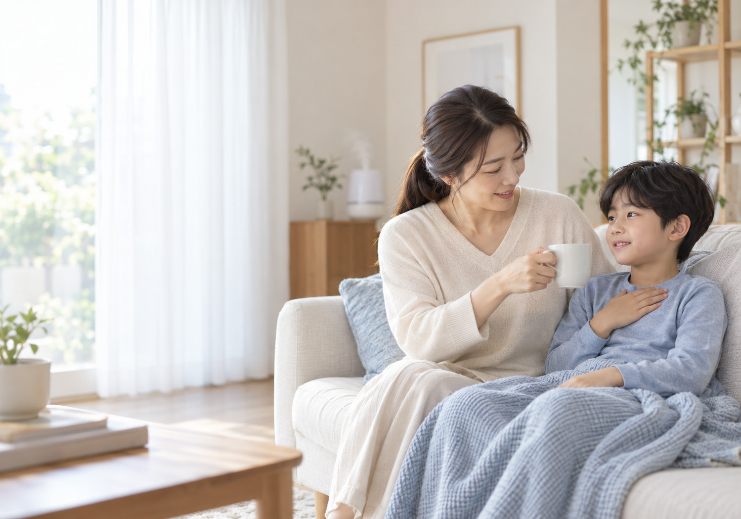 평촌 호흡기가 약한 아이 한약 – 엄마와 함께 소파에서 쉬는 아이