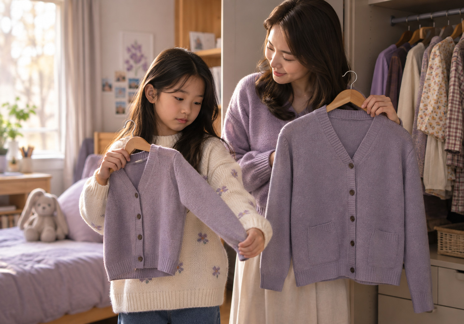 평촌 여아 가슴 몽우리 – 엄마와 여자아이가 옷장 앞에서 크기가 다른 보라색 카디건을 들고 살펴보는 모습