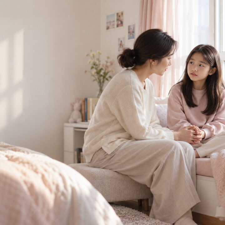 평촌 여아 가슴 몽우리 – 침실에서 엄마가 여자아이의 손을 잡고 대화하는 모습