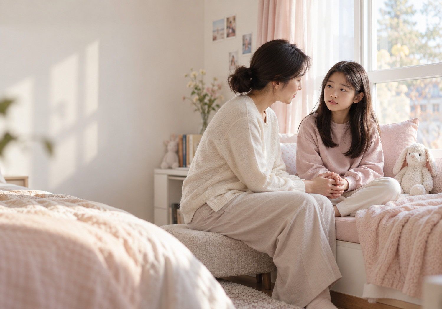 평촌 여아 가슴 몽우리 – 침실에서 엄마가 여자아이의 손을 잡고 대화하는 모습