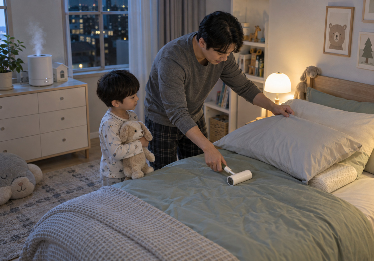 평촌 밤에 심해지는 기침 – 잠들기 전 아빠가 아이와 함께 침구를 살펴보며 테이프 클리너로 정리하는 모습